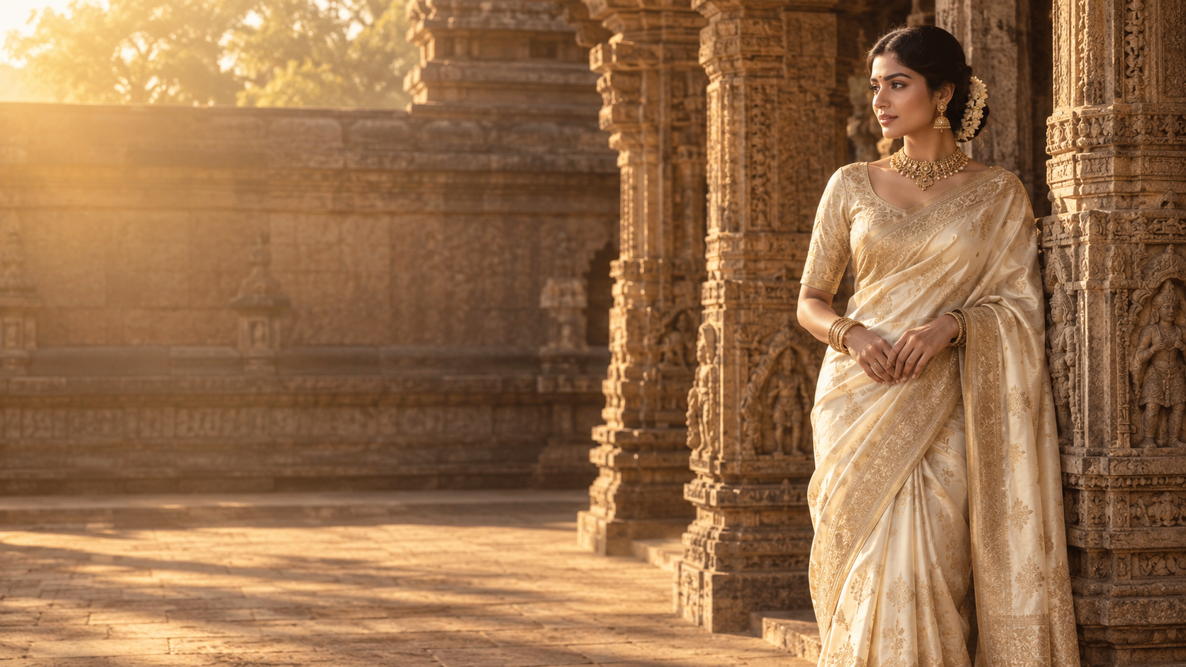 Hand-woven silk drape in a carved stone corridor