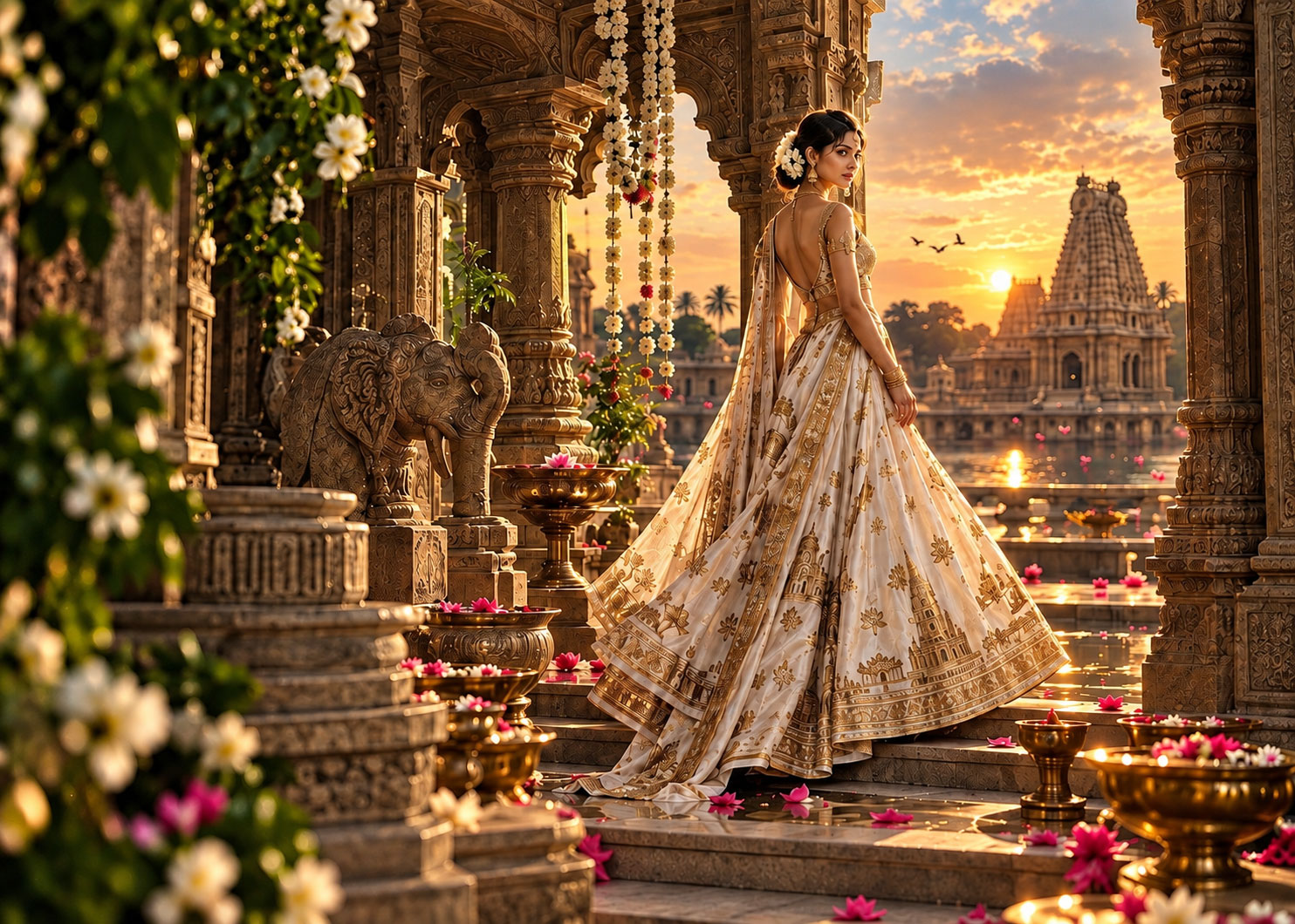 Ivory and gold lehenga on temple steps at sunset