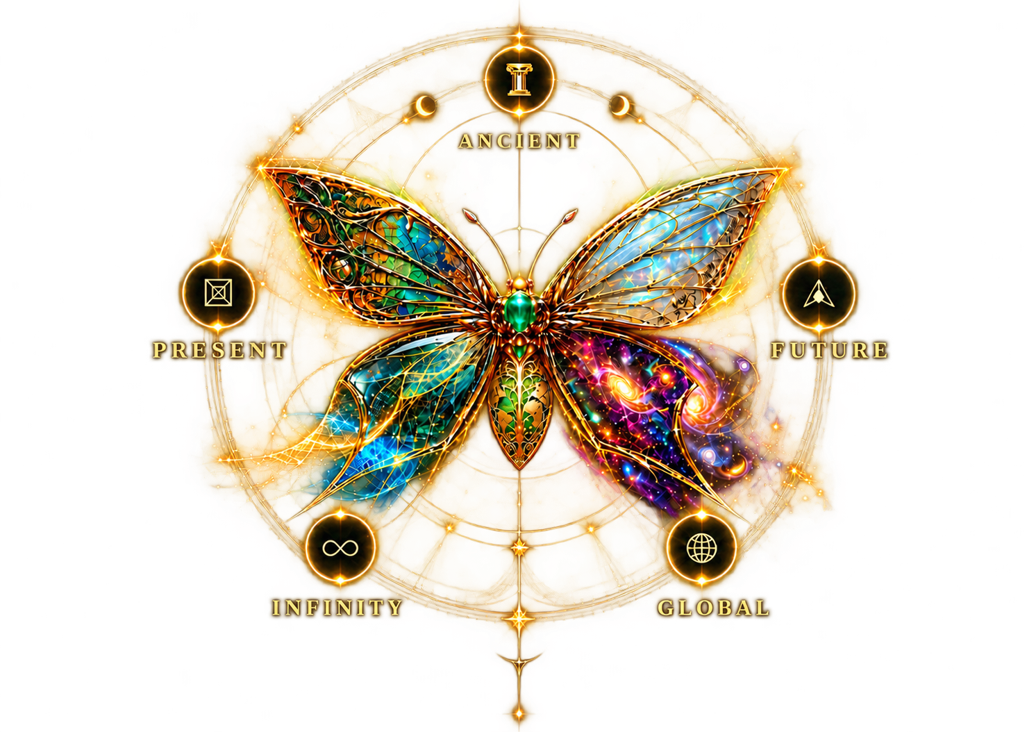 KLYVN emblem — a butterfly formed from five realms, marked with the Ancient, Present, Future, Global and Infinity sigils